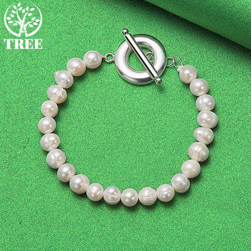 ALITREE 925 Sterling Silver Natural White Pearl Bracelet For Women Party Engagement Wedding Fashion Charm Jewelry Christmas Gift