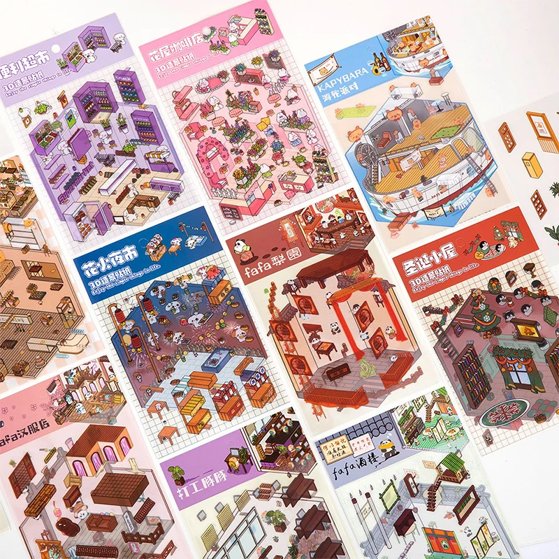 Cartoon Cute 3D DIY Landscaping Stickers Miniature Scene Visual Stacking Stickers Creative DIY Decoration Stickers Gifts