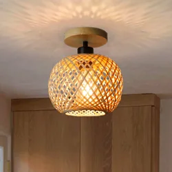 Retro Led Bamboo Woven Ceiling Lamp Corridor Aisle Living Room Ceiling Light E27 Woven Lamps Decorative Fixtures