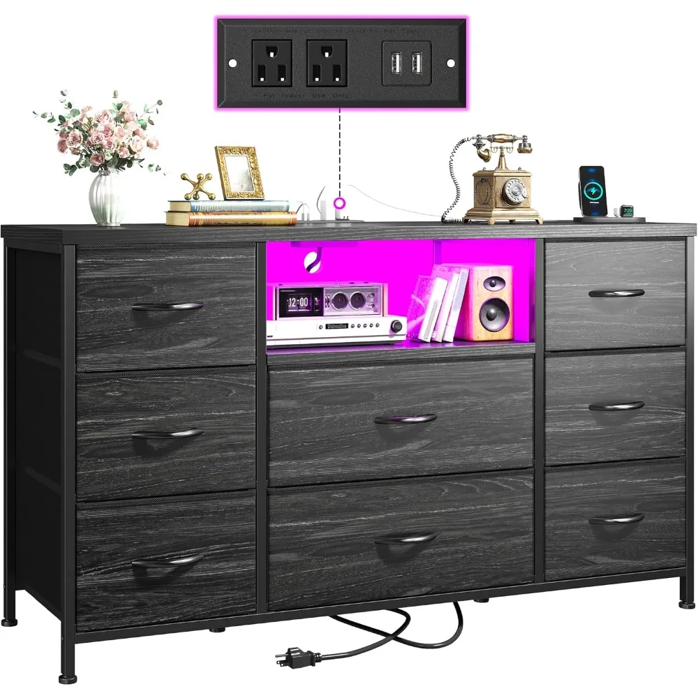 

Black TV Stand for Bedroom, Entertainment Center with LED Lights & Power Outlets, TV Media Console Table with 8 Drawers
