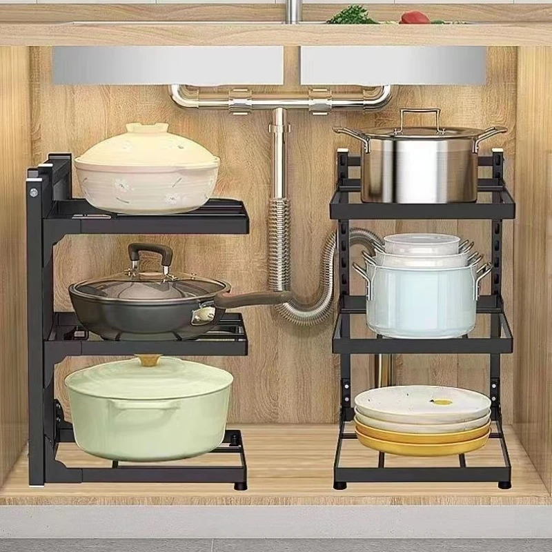 

‌Multi-Level Pot Holder Rack Adjustable Dishwashing Sink Stand Carbon Steel Kitchen Shelf with Durable Cookware Storage