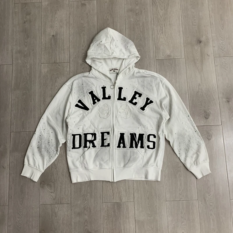 VALLEY Oversized Vintage Graffiti Cursive Text Zip Hoodie All Over Print Fit Y2K Hip Hop Sweatshirt Men's Clothing