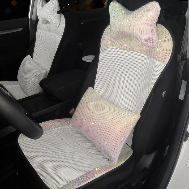 New White Rhinestones Ice Silk Four Seasons Universal Car Seat Cushion Cover Car Interior Decorations