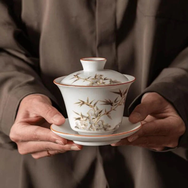 Chinese Style Ceramic Tea Tureen Tea Cup Peace Bamboo Tea Infuser Bowl Household Drinking Accessories Kitchen Teaware