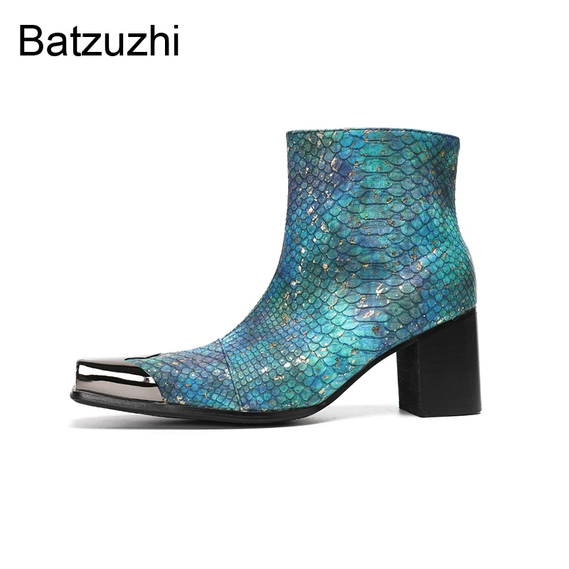 Batzuzhi Personality 7CM High Heel Men's Boots Shoes Blue Leather Ankle Boots for Man Square Toe Fashion Party, Wedding Boots