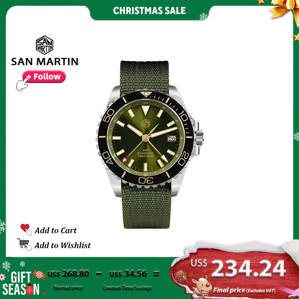 

San Martin 39mm Men Diver Watch GMT NH34 Stainless Steel Automatic Mechanical with Sapphire Luminous 20Bar Waterproof SN0136G