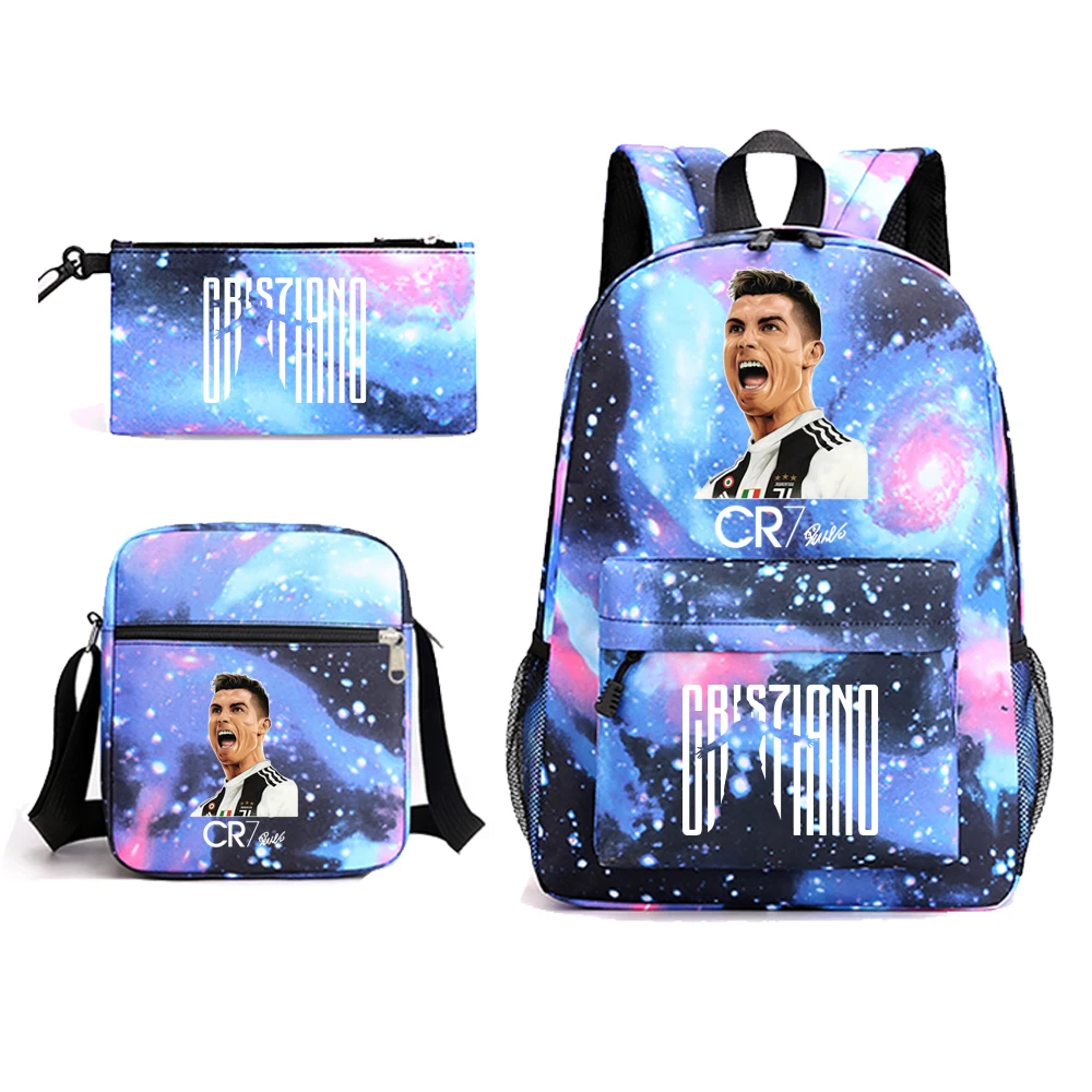 CR7 Ronaldo Print Student Schoolbag Youth Backpack Pencil Case Shoulder Bag 3-Piece Set