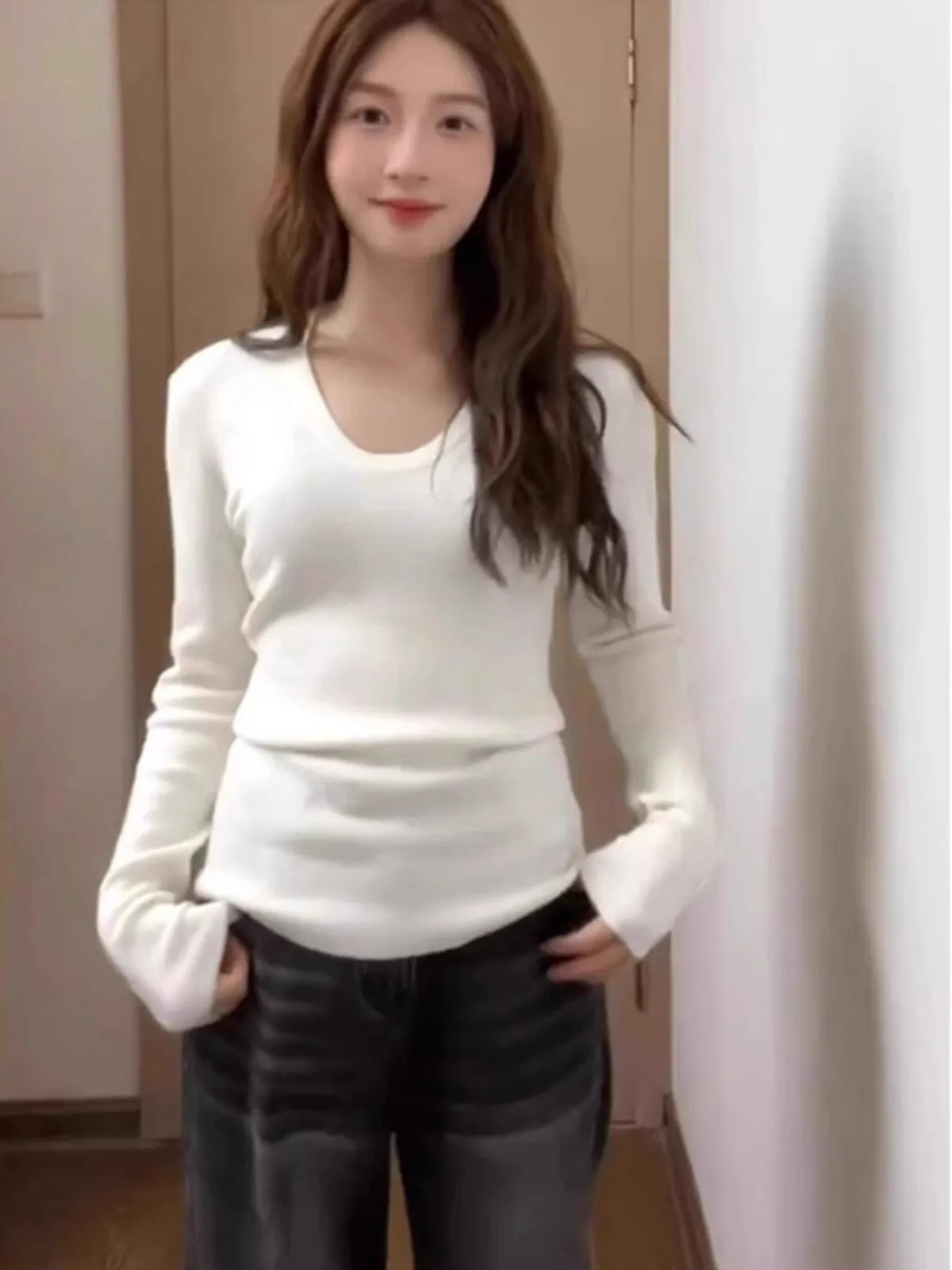 Camiseta Feminina Slim Fit de Manga Longa, Estilo Coreano, Casual, Alta Cintura, Versão Fina para Outono e Primavera