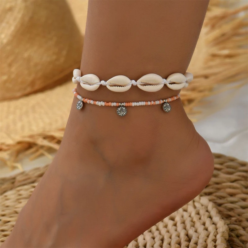 Boho Summer Ocean Beach Adjustable String Anklets Macrame Mussel Sea Shell Cowrie Beaded Chain Ankle Bracelet on Leg for Women