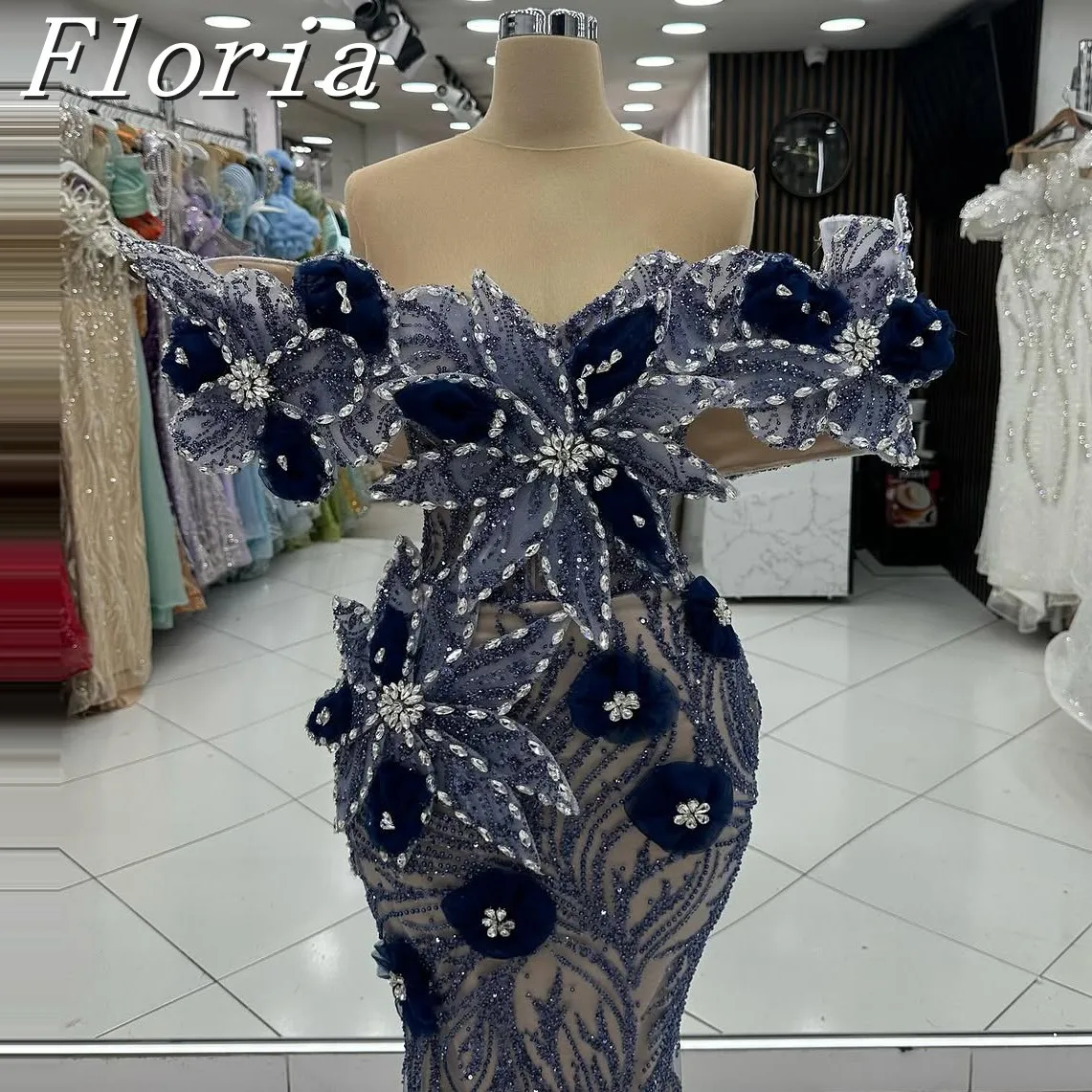 Classic 3D Handmade Multi-layered Flowers Mermaid Evening Dresses Navy Blue Contrast Crystals Long Prom Party Gowns Customized