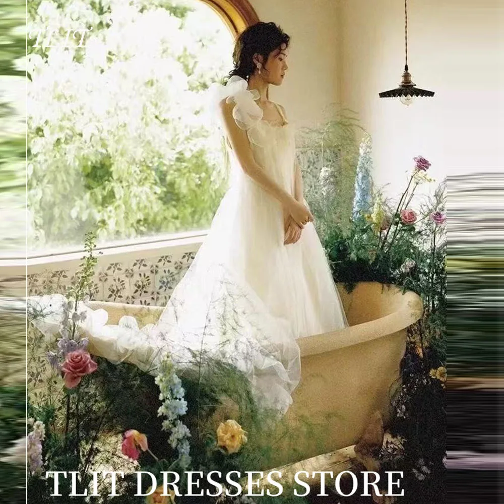 TLIT Fairy Ivory Tulle Evening Dresses Appliques Flowers Square Collar Gowns Customized Korea Wedding Dress Photo Shoot  웨딩드레스
