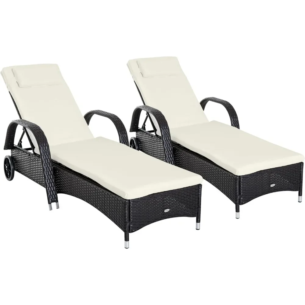 Ensemble de chaise longue d'extérieur, chaise longue de piscine en rotin PE à dossier réglable à 5 niveaux avec roulettes, coussin et appui-tête, chaises longues