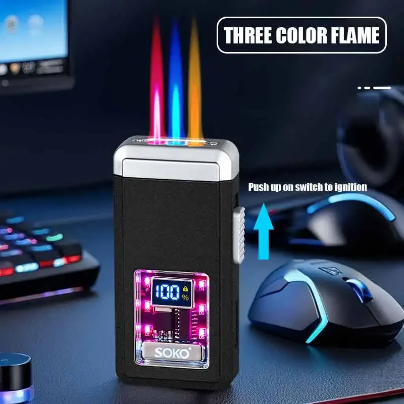 New High Beauty Voice Controlled LED Lighter Three-Color Flame Counting Transparent Visual Movement Inflatable Windproof Lighter