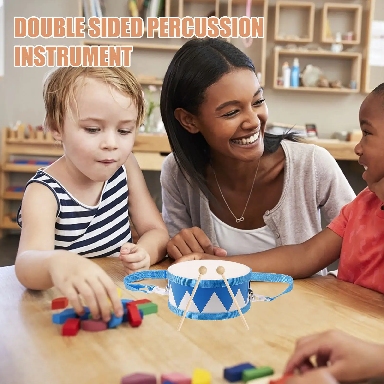 1Set Dual-Sided Wooden Hand Drum for with Realistic Sheepskin Texture Blue Design Mallet Kit Rhythm Learning Music