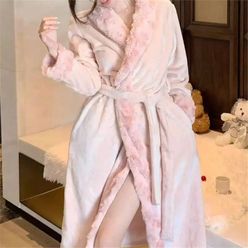 

2025 New Coral Fleece Robe Set, Thick Warm Vintage Red Pajamas For Women, Winter Flannel Loungewear