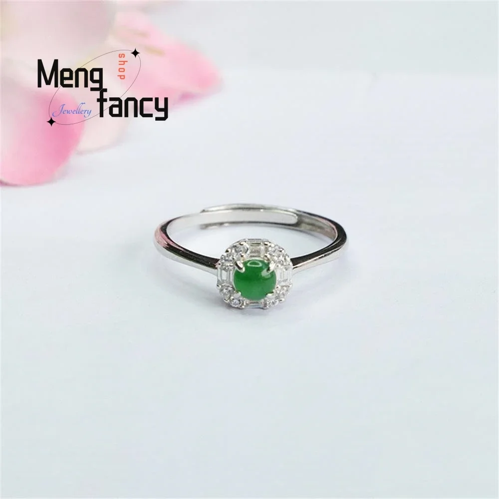 

S925 Silver Inlaid Natural Jadeite Ice Type Imperial Green Finger Ring Exquisite Elegant High-grade Luxury Fashion Fine Jewelry