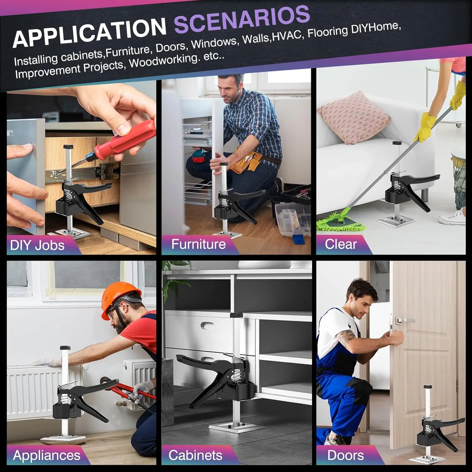 Zestaw 2 szt. wytrzymałych podnośników do mebli, udźwig 163 kg, regulacja wysokości 17 cm do szafek i drzwi