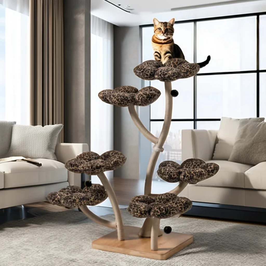 gq-Luxurious Leopard Floral Tall Large Cat Tree Tower Climbing Flower Hammock Cat Furniture With Premium Plush And Sisal Posts