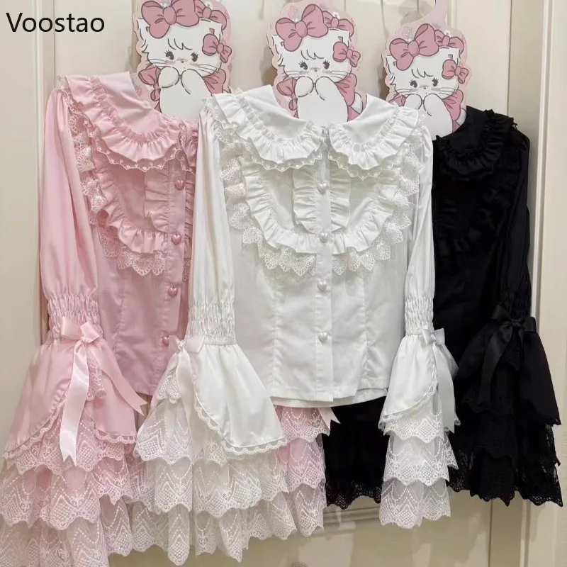 Japonês doce estilo lolita blusas femininas bonito rendas peter pan colarinho arco alargamento manga longa camisas góticas feminino kawaii y2k topos