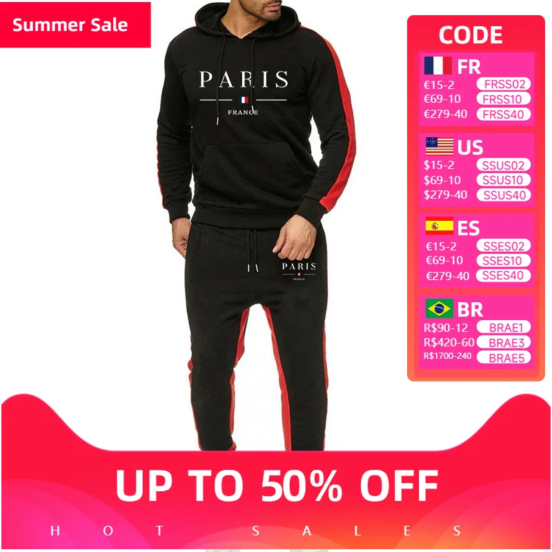

Paris Printing Mens Tracksuit Casual Hooded Sweatshirt 2 Piece Set Daily Jogging Men's Clothing Sports Suit Hot Sales Outfits