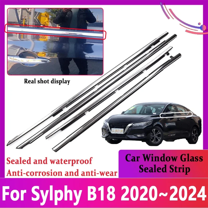 For Nissan Sylphy B18 2020~2023 2024 Sentra Car Door Window Glass Sealed Strips Chrome Weatherstrip Waterproof Belts Accessories