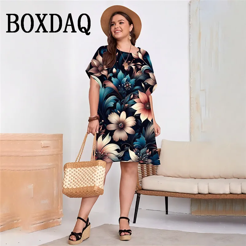 Summer Women Dress Loose Vintage Plant Flower Printed Dress Casual Ladies Short Sleeve Print Mini Dress Plus Size Women Clothing