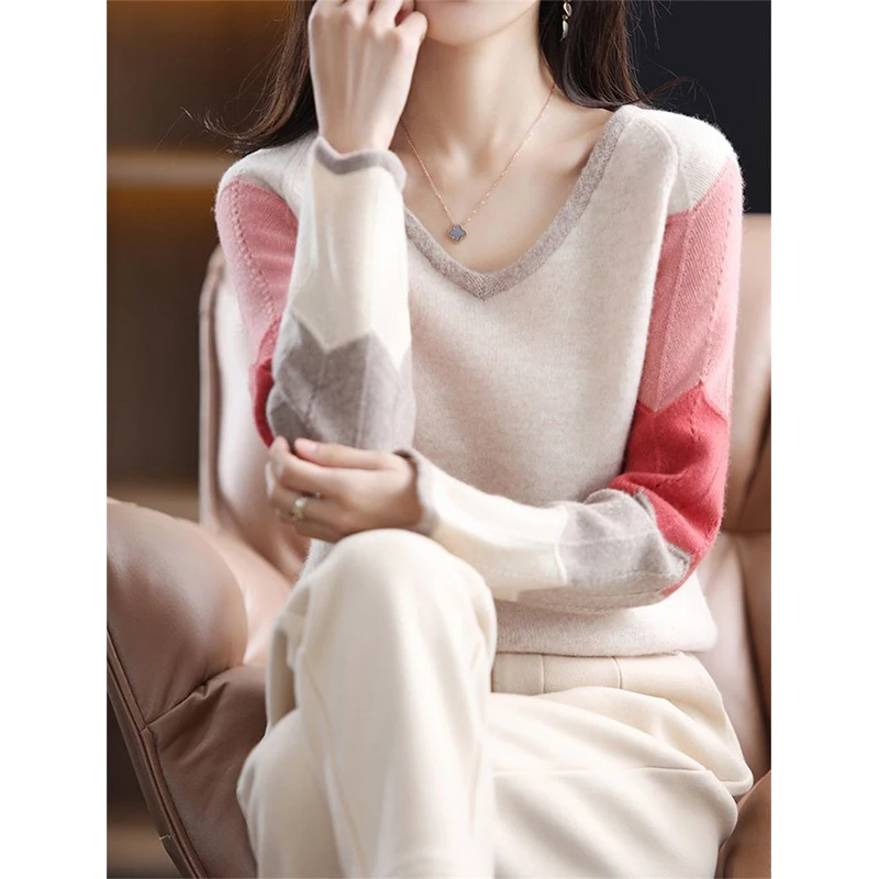 Autumn Winter Elegant Fashion V-neck Sweet Patchwork Sweater Women Korean Style All-match Knitting Jumpers Ladies Warm Pullover