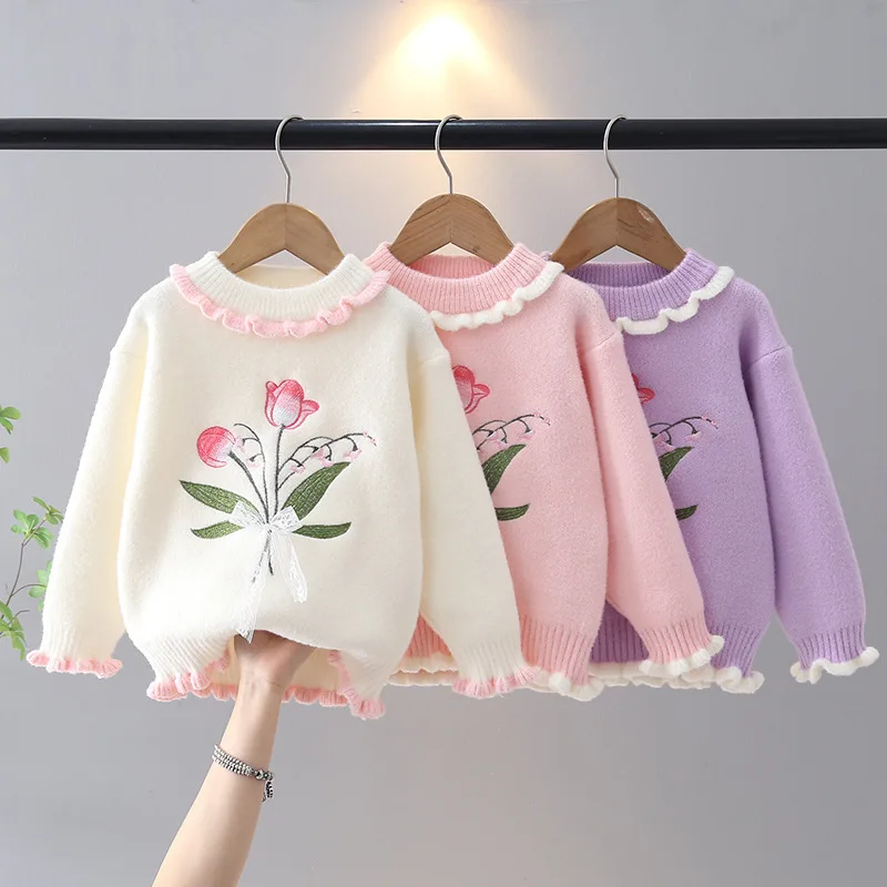 

Новое поступление 2026 года, свитер для маленьких девочек, детская трикотажная одежда, детский пуловер с цветочным принтом и оборками, джемпер, свитера, топы с кружевным бантом IY12262