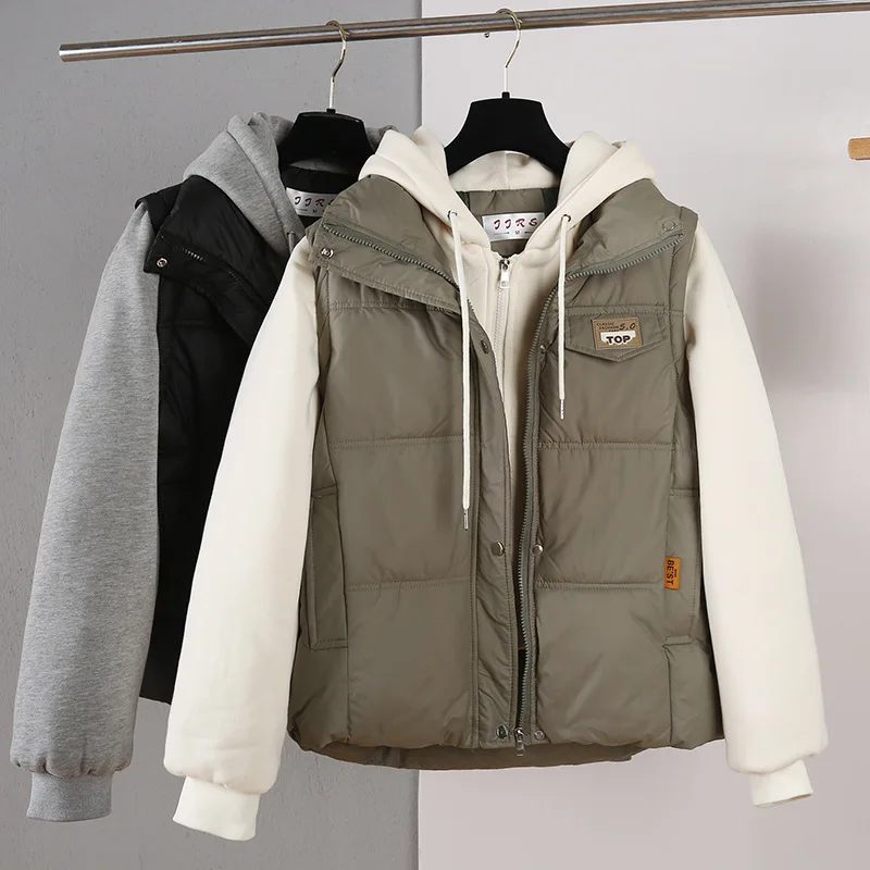 

Модная лоскутная куртка, жилет, женская осенне-зимняя новая стильная повседневная толстовка с капюшоном, верхняя одежда, комплект из двух предметов, хлопковое пальто