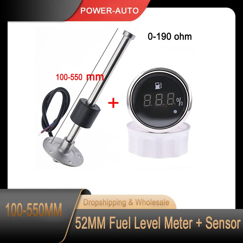 52mm Marine Boat Car Digital Fuel Tank Level Gauge 0-190ohm Waterproof Fuel Level Meter and Sensor 100mm 125mm 175mm 200mm 225mm