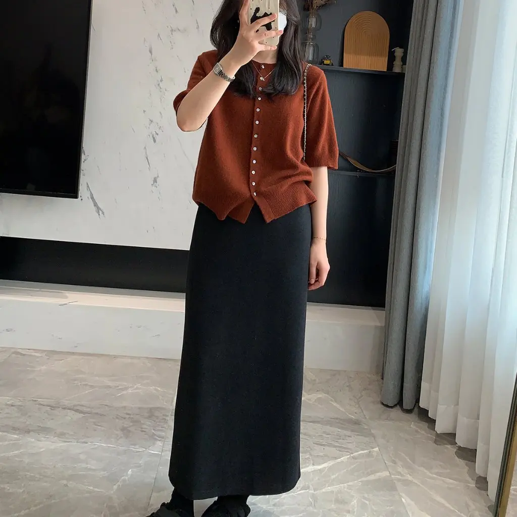 

Acetic Acid Wool Skirt High Waist Straight Tube Slim Fleece-Lined Split Long Skirt for Autumn Winter New