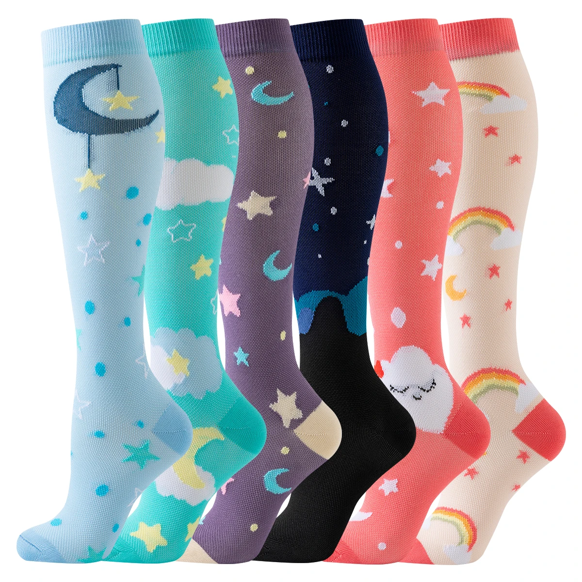 6-Paar Mond- und Stern-Kompressionssocken für Damen und Herren, medizinisch, atmungsaktiv, kniehohe Kompressionssocken, Damen, Krankenschwester-Kompressionssocken