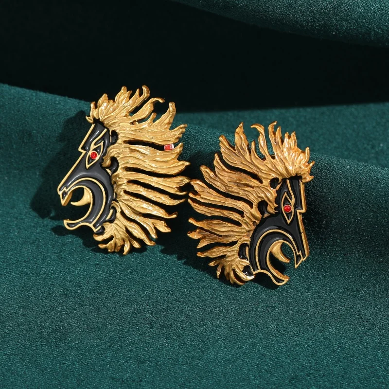 

Vintage Black Enamel Open Lion Head Earrings For Woman Gold Plated Animal Wedding Anniversary Party Gift Brand Trends 2026 New