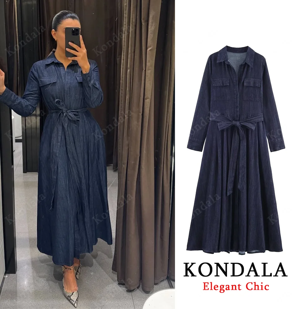 KONDALA Denim riem shirtjurk dames herfst elegante casual slanke lange jurk 2025, herfstmode feest dames sjerpen lange jurk