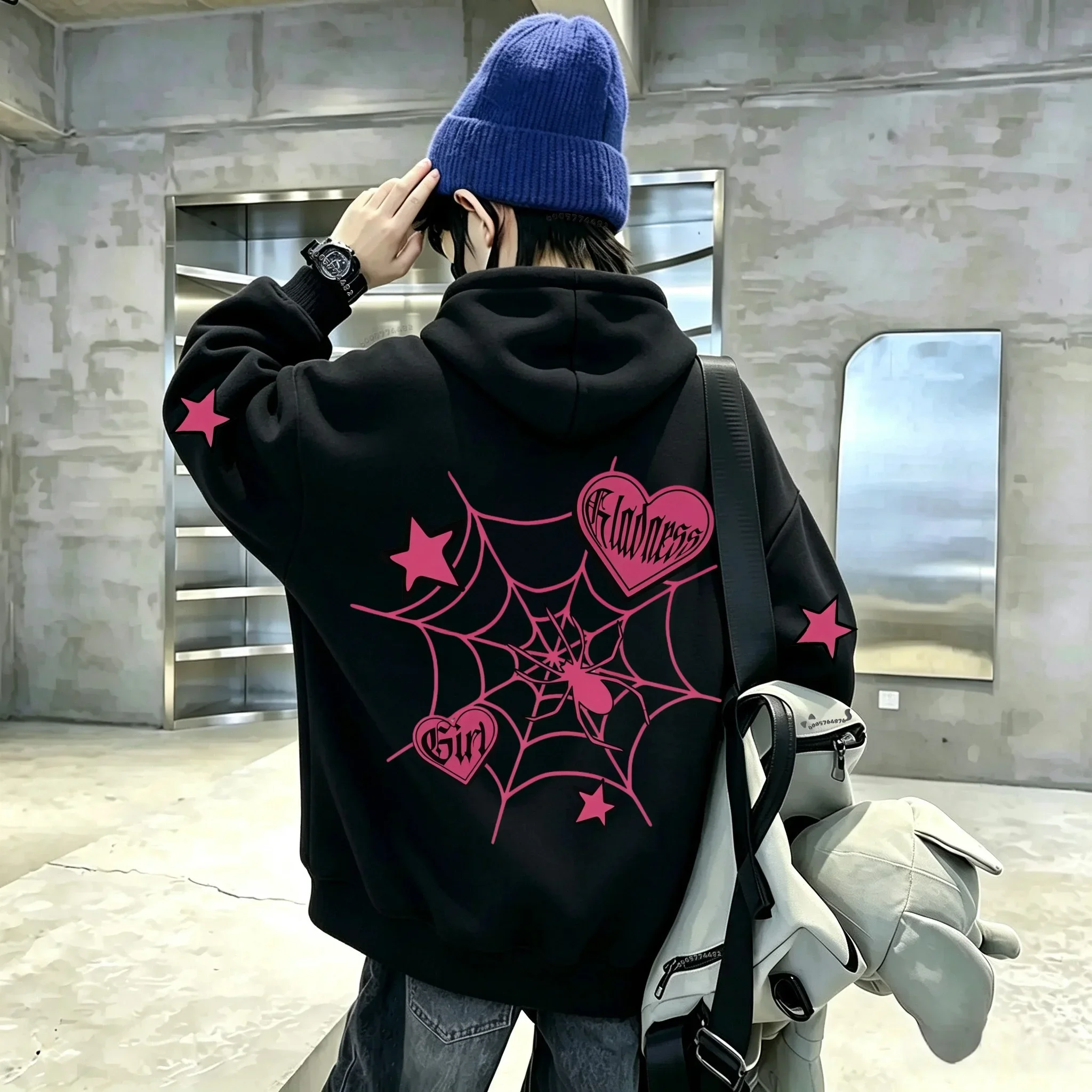Latest Y2K Millennium-style Powder Web Spider Heart Star Pattern Children's Hooded Pullover Sweater for Boys and Girls
