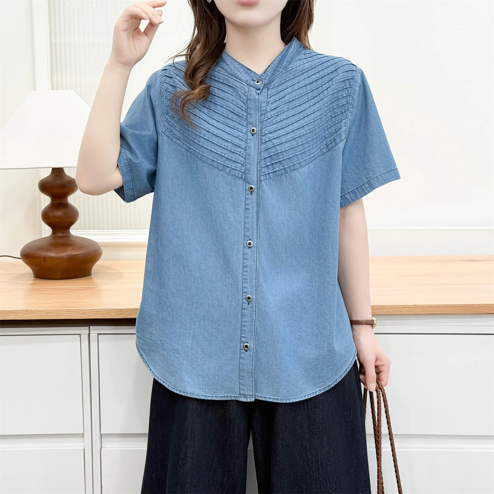 2026 Summer Plus Size Thin Denim Pleated Open Blouse Short Sleeve Daily Shirt Curvy Ladies 2603 view 3