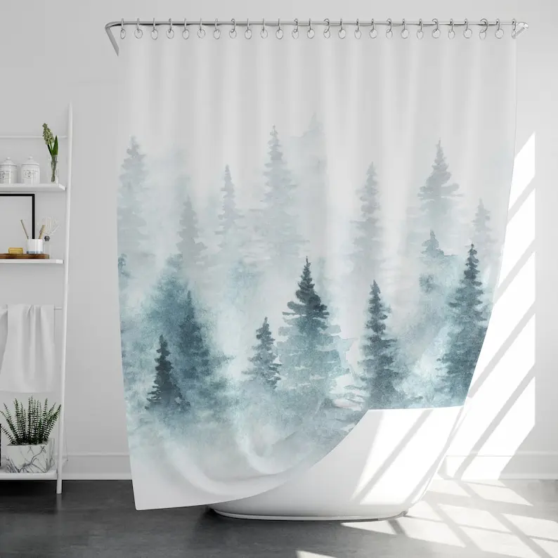 Cloudy Forest Shower Curtain with 12 Hooks Waterproof, Modern Bathroom Decor, Housewarming Gift