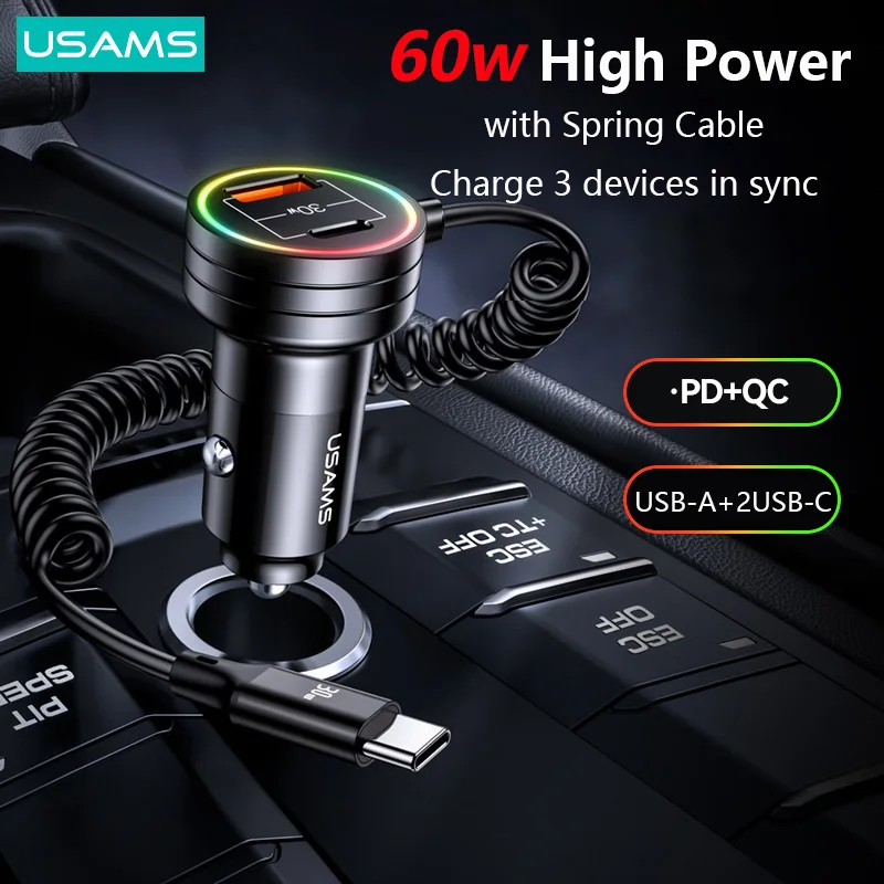 USAMS 60W Fast Car Charger for iPhone 14 13 12 iPad With Spring Cable Breathing Light Phone Charging Adapter for Xiaomi Samsung