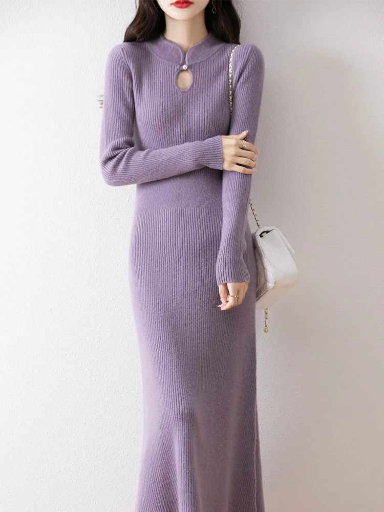 Women Wool Dress Mock-neck Pullover Autumn Winter Long Sleeve Slim Wool Sweater Skirt Chiness Style 100% Merino Wool Knit Dress