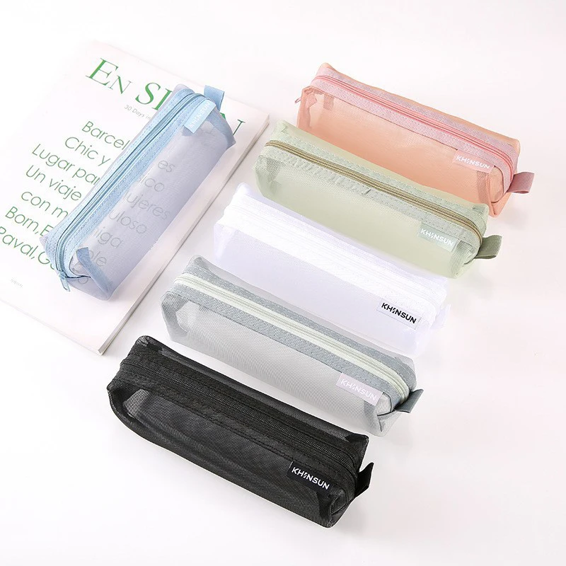 1Pc Large Capacity Transparent Mesh Pencil Case Thickened Portable For Students Exam Bag Storage Pouch Stationery Supplies