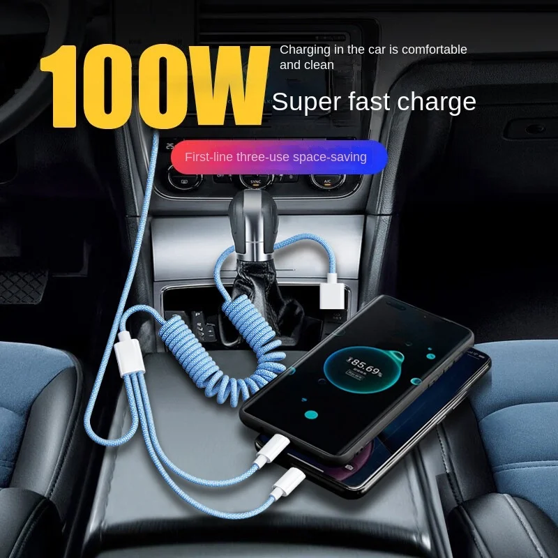 100W 3 In 1 Fast Charging Cable For Xiaomi iPhone Poco Micro USB Type C Charger Cable Cord Multiple Spring Usb C Charging Wire