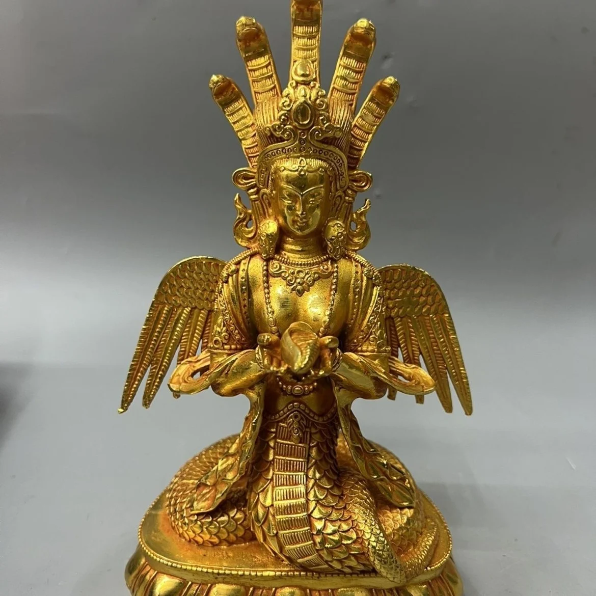 Antique gilt Tibetan tantra dragon tree bodhisattva like snake mother god temple hall offering home decoration tabletop ornament