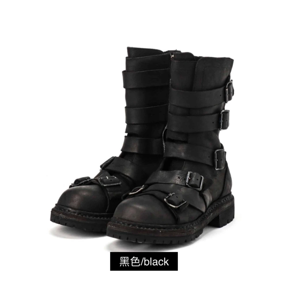 Men's Leather Motorcycle Boots Punk Retro Thick Soled Mid-Calf Knight Boots Black Soft Belt Buckle Strap High-top Moccasin Shoes view 6