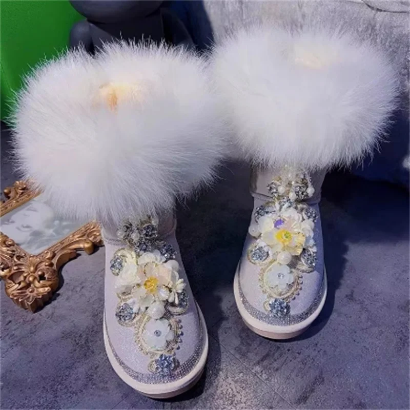 Fox hair rhinestones three-dimensional flower sequins gemstone fringe beaded lace snow boots handmade custom women's boots 35-40