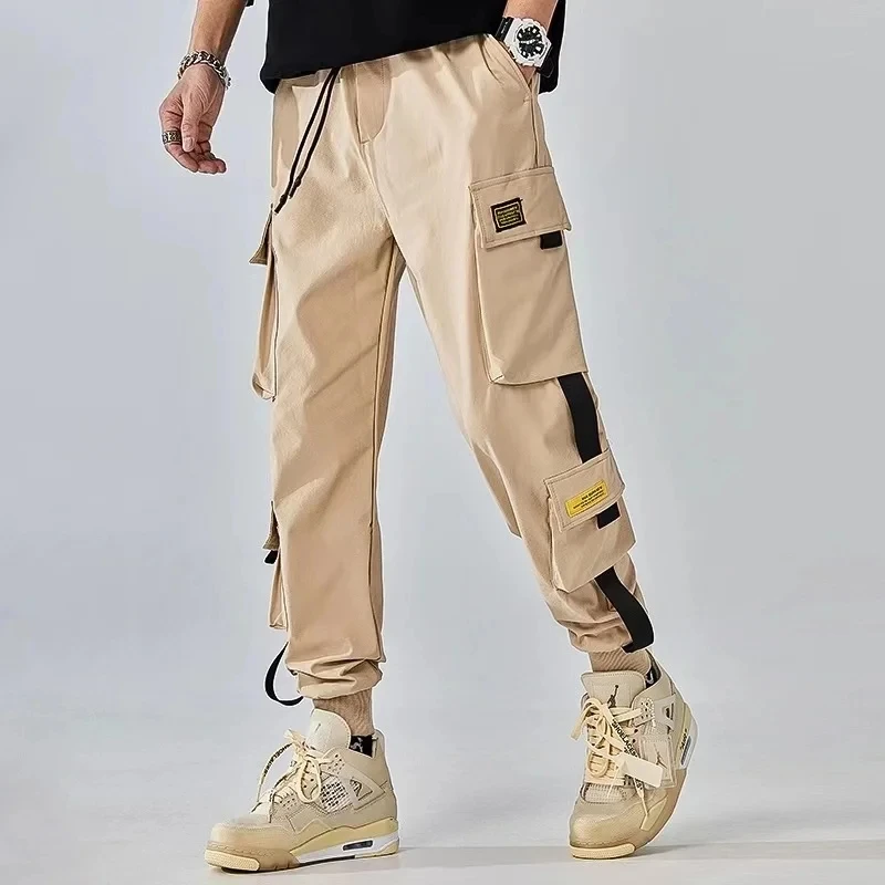 men's casual cargo pants cotton elastic waist khaki baggy straight-leg wide-leg wear-resistant work pants