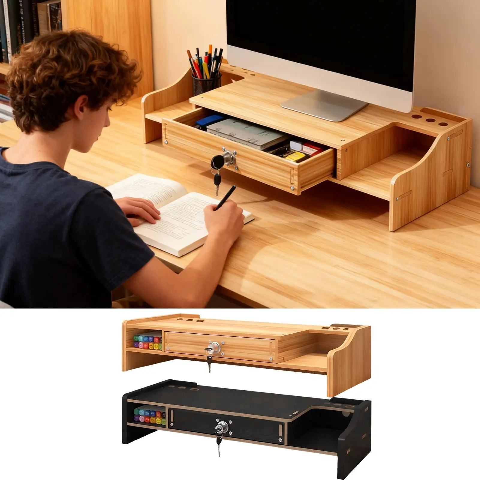 Monitor Stand For Desk Wooden Desktop Organizer Shelf With Drawer Desk Shelf Organizer For Laptop Printer PC TV Screen Pen Home