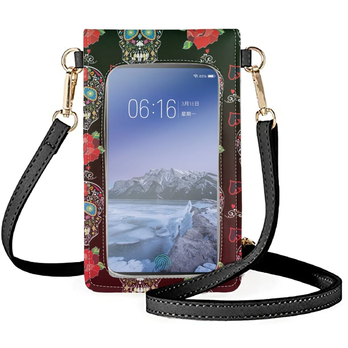 FORUDESIGNS Mobile Phone Bags Women's Wallet Card Holder Shoulder Messenger Bag Floral Skull Purse Cell Phone Pack Luxury