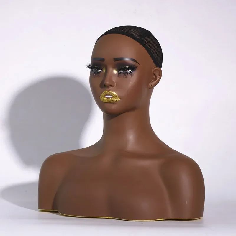 Cabeza de Maniquí de exhibición de peluca femenina afroamericana, busto de cabeza de maniquí femenino realista con sombrero de hombro para peluca