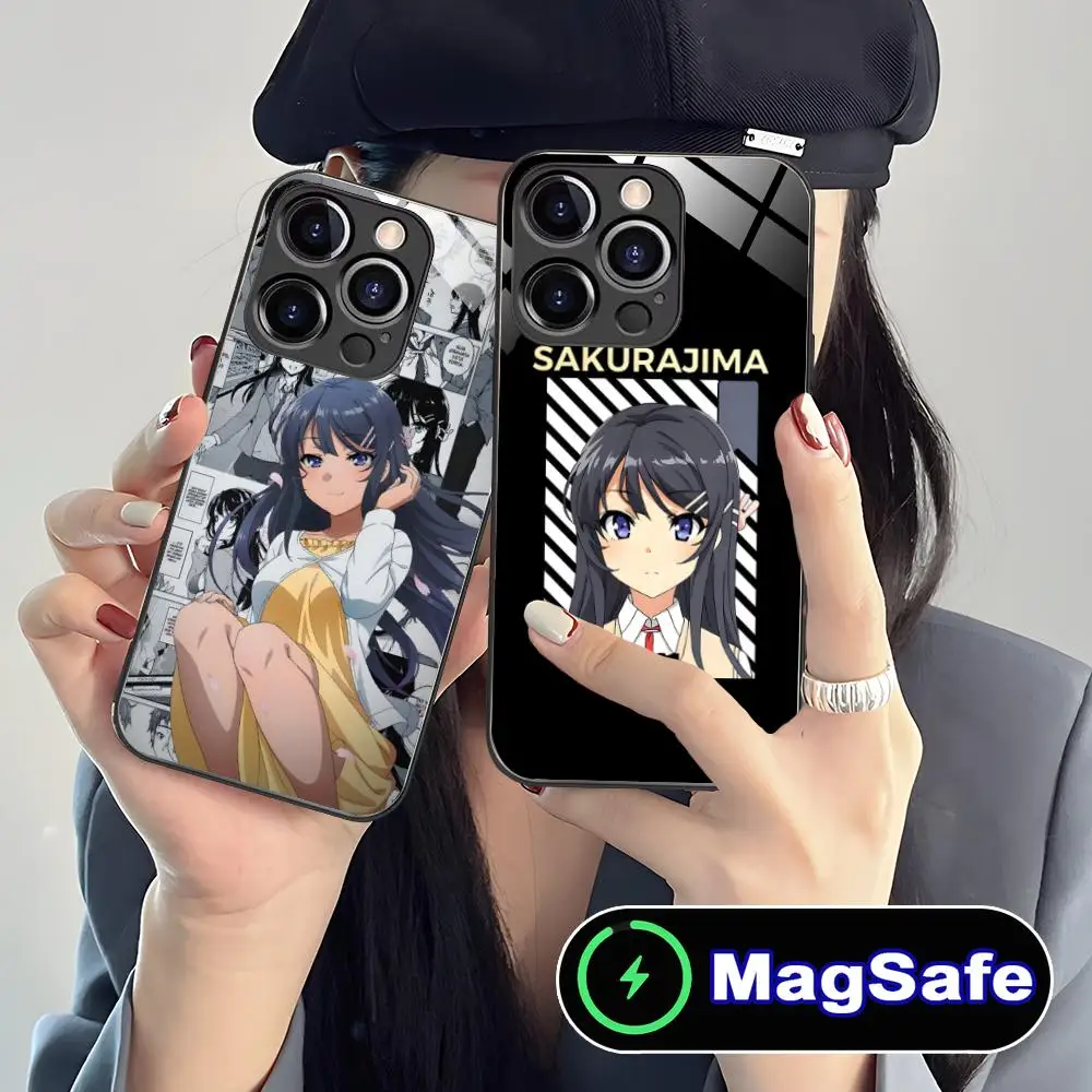 

Чехол для мобильного телефона с изображением аниме Mai Sakurajima для iPhone 16, 15, 14, 13, 12, 11 Pro Max Plus Mini MagSafe, стеклянный цвет, защитный красивый чехол