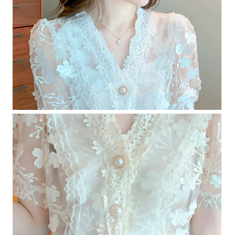 Elegant V Neck Stereo Flower Lace Chiffon Shirts Women 2023 Short Sleeve Tops Two-piece See Through Blouse Casual Sweet 27434